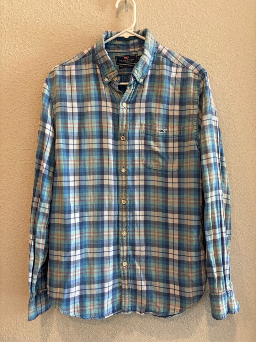 Vineyard Vines Men’s Teal and Blue Plaid Button-Down Shirt